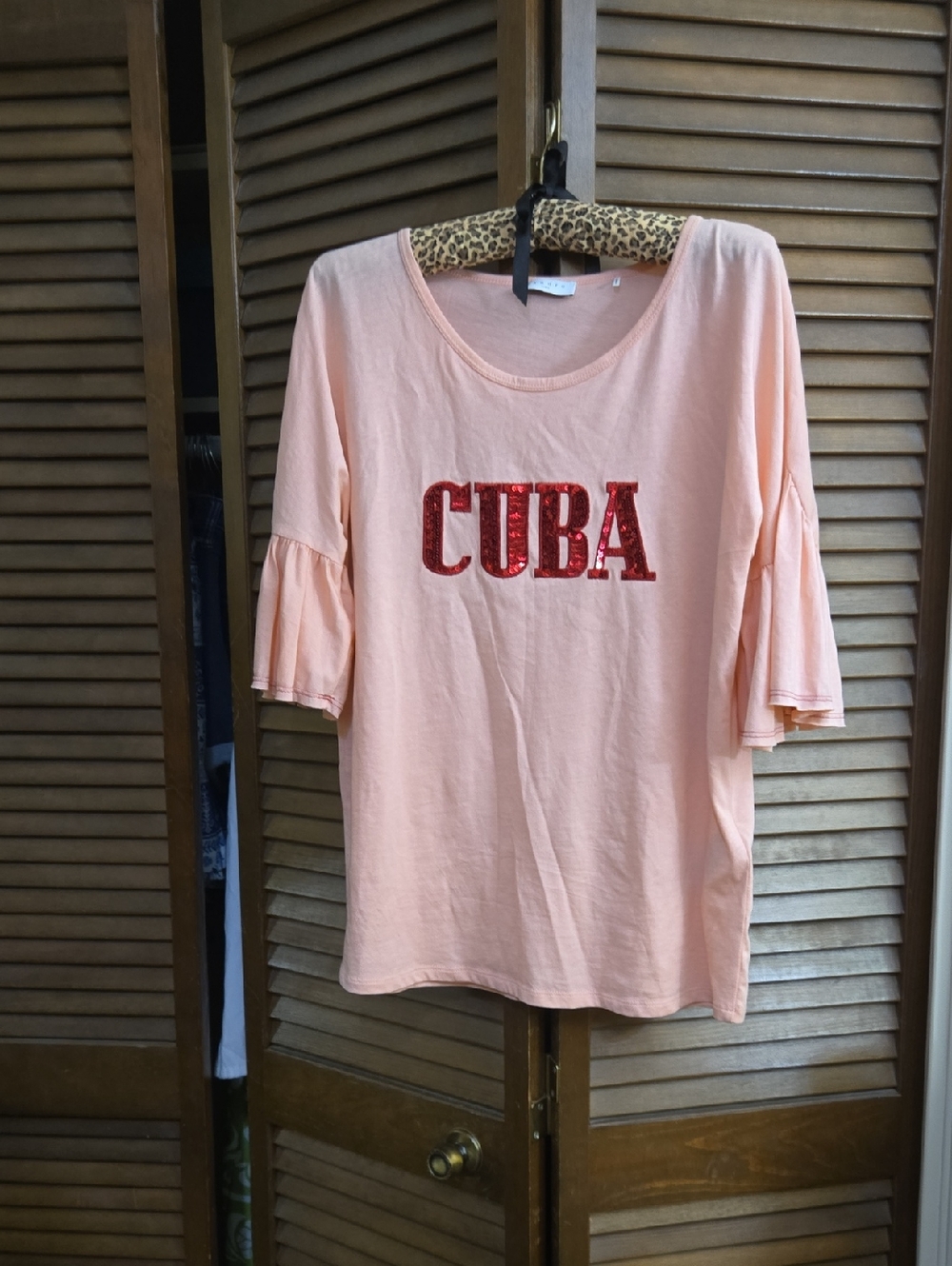 Sandro Peach Short Sleeve Tee with Red Sequin "CUBA" NWOT
